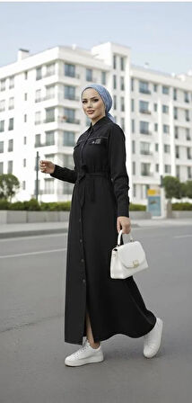 Kadın Boncuk İşlemeli Düğmeli Kuşaklı Siyah Kot Elbise