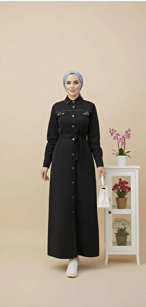 Kadın Boncuk İşlemeli Düğmeli Kuşaklı Siyah Kot Elbise