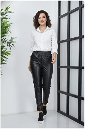 Kadın Beli Lastikli Cepli Siyah Deri Pantolon