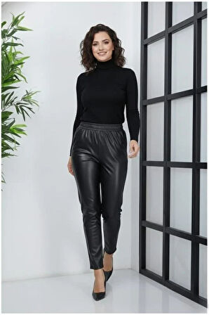 Kadın Beli Lastikli Cepli Siyah Deri Pantolon