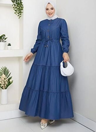 Kadın Dantel Detaylı Düğmeli ve Bağcıklı Koyu Kot Mavi Elbise