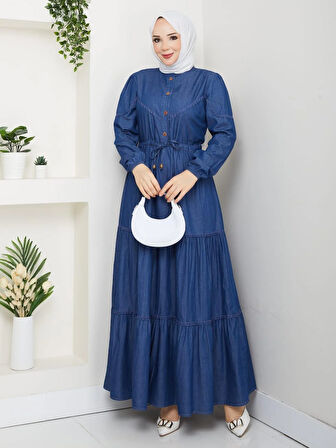 Kadın Dantel Detaylı Düğmeli ve Bağcıklı Koyu Kot Mavi Elbise