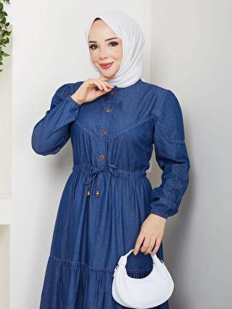 Kadın Dantel Detaylı Düğmeli ve Bağcıklı Koyu Kot Mavi Elbise