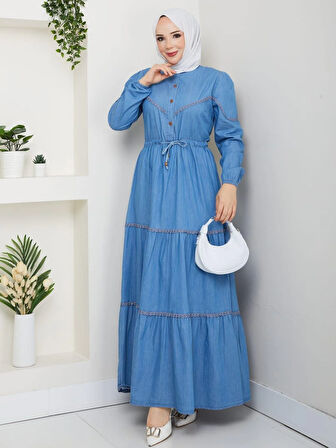 Kadın Dantel Detaylı Düğmeli ve Bağcıklı Açık Kot Mavi Elbise