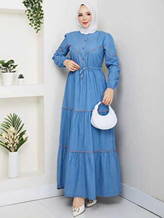 Kadın Dantel Detaylı Düğmeli ve Bağcıklı Açık Kot Mavi Elbise