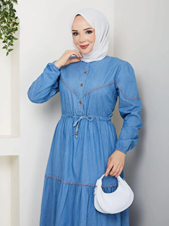 Kadın Dantel Detaylı Düğmeli ve Bağcıklı Açık Kot Mavi Elbise