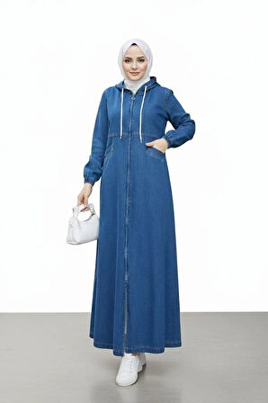 Kadın Kapüşonlu, Fermuarlı ve Cepli Koyu Kot Mavi Kap