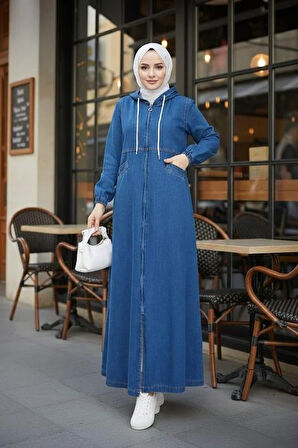 Kadın Kapüşonlu, Fermuarlı ve Cepli Koyu Kot Mavi Kap