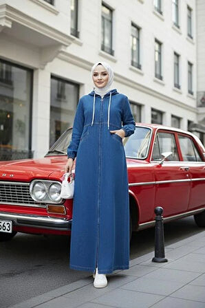 Kadın Kapüşonlu, Fermuarlı ve Cepli Koyu Kot Mavi Kap