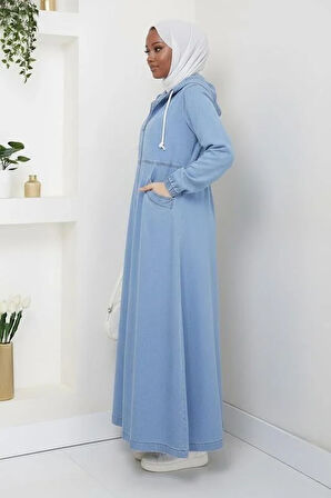 Kadın Kapüşonlu, Fermuarlı ve Cepli Açık Kot Mavi Kap