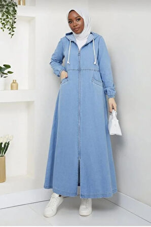 Kadın Kapüşonlu, Fermuarlı ve Cepli Açık Kot Mavi Kap