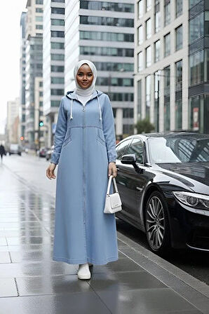 Kadın Kapüşonlu, Fermuarlı ve Cepli Açık Kot Mavi Kap