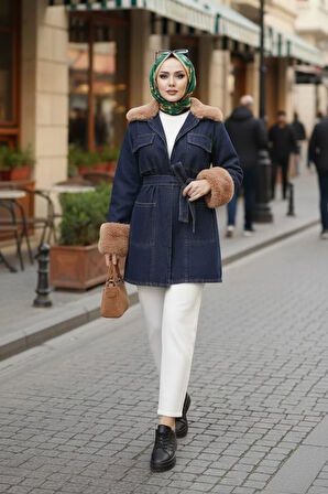 Kadın Kürk Detaylı Kemerli Cepli Koyu Kot Mavi Ceket