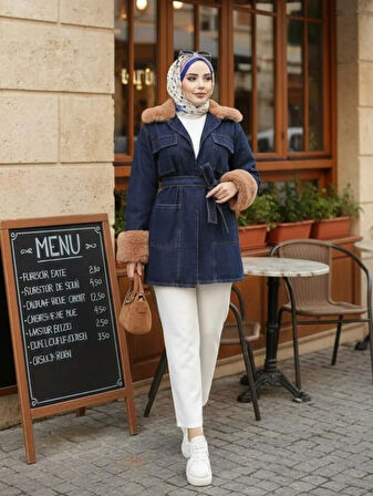 Kadın Kürk Detaylı Kemerli Cepli Koyu Kot Mavi Ceket