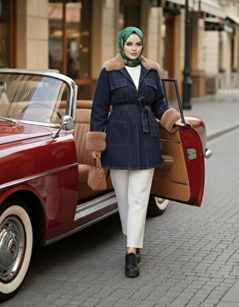 Kadın Kürk Detaylı Kemerli Cepli Koyu Kot Mavi Ceket