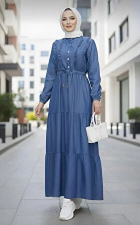 Kadın Fırfır Detaylı Düğmeli Koyu Kot Mavi Elbise