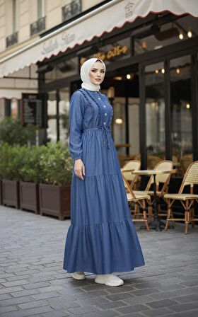 Kadın Fırfır Detaylı Düğmeli Koyu Kot Mavi Elbise