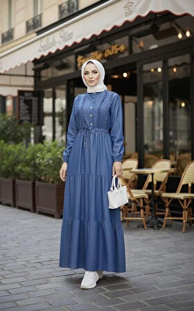 Kadın Fırfır Detaylı Düğmeli Koyu Kot Mavi Elbise