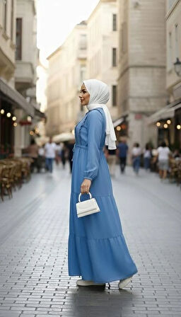 Kadın Fırfır Detaylı Düğmeli Açık Kot Mavi Elbise