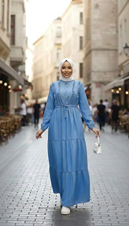 Kadın Fırfır Detaylı Düğmeli Açık Kot Mavi Elbise