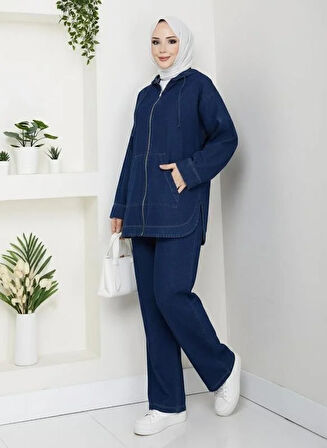 Kadın Kapüşonlu Cepli Koyu Kot Mavi Tunik Pantolon Takım