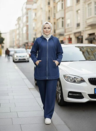 Kadın Kapüşonlu Cepli Koyu Kot Mavi Tunik Pantolon Takım