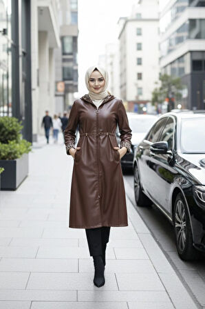 Kadın Fermuarlı Kapüşonlu İçi Şardonlu Deri Kahverengi Kap