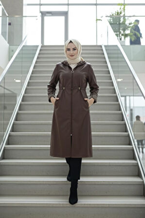 Kadın Fermuarlı Kapüşonlu İçi Şardonlu Deri Kahverengi Kap