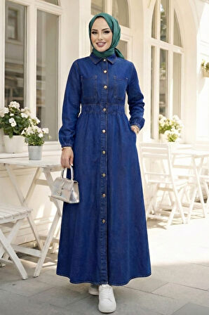 Kadın Belden Lastikli Cep Detaylı Koyu Kot Mavi Elbise