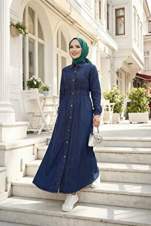 Kadın Belden Lastikli Cep Detaylı Koyu Kot Mavi Elbise