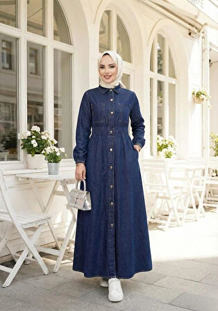 Kadın Belden Lastikli Cep Detaylı Koyu Kot Mavi Elbise