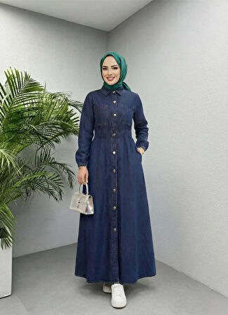 Kadın Belden Lastikli Cep Detaylı Koyu Kot Mavi Elbise