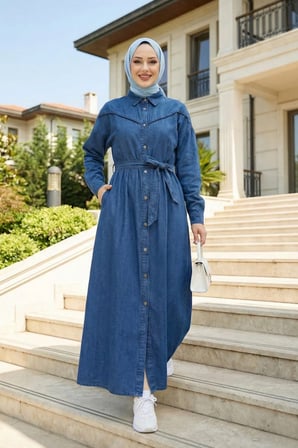 Kadın Düğmeli Kuşaklı Koyu Kot Mavi Tesettür Elbise