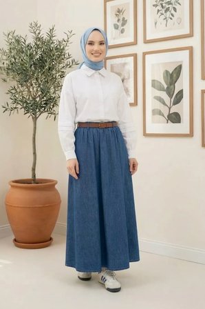 Kadın Kemerli Cepli Koyu Kot Mavi Etek