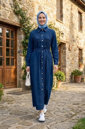 Kadın Beli Bağcıklı Boydan Düğmeli Koyu Mavi Kot Tesettür Elbise