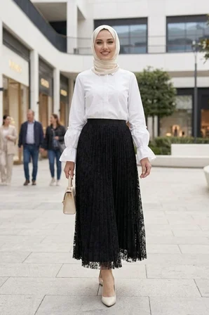 Kadın Beli Lastikli Desenli Siyah Şifon Etek