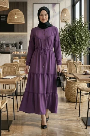 Kadın Dantel Detaylı Beli Bağcıklı Ayrobin Mor Elbise