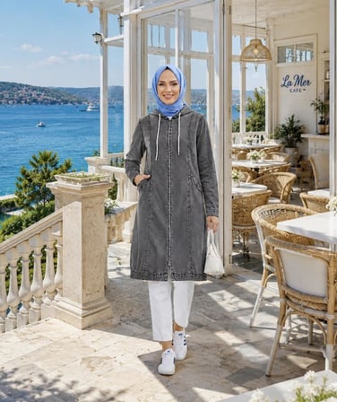 Kadın Kapüşonlu Fermuarlı Cepli Gri  Kot Kap