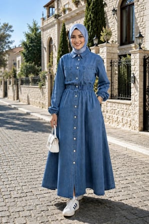 Kadın Belden Lastikli Cep Detaylı Koyu Denim Koyu Kot Mavi Elbise