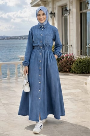 Kadın Belden Lastikli Cep Detaylı Koyu Denim Koyu Kot Mavi Elbise
