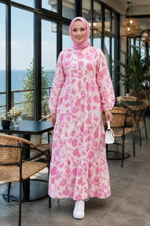 Kadın Düğmeli Desenli Modal Kumaş Pembe Elbise