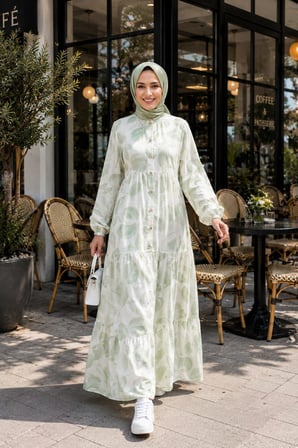 Kadın Düğmeli Desenli Modal Kumaş Haki Elbise
