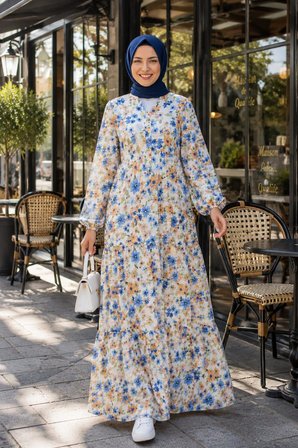 Kadın Düğmeli Desenli Modal Kumaş Mavi Elbise