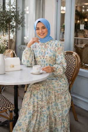 Kadın Düğmeli Desenli Modal Kumaş Bej Elbise