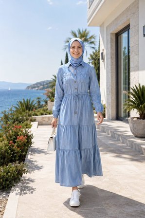Kadın Düğmeli Cepli Bağcıklı Tensel Kumaş Açık Mavi Kot Elbise