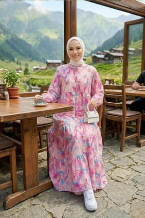 Kadın Düğmeli  Modal Kumaş Desenli Pembe Elbise