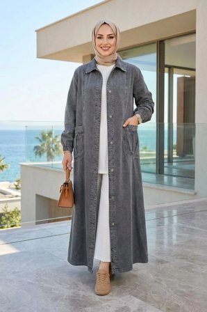 Kadın Düğmeli Cepli Gri Denim Kot Kap
