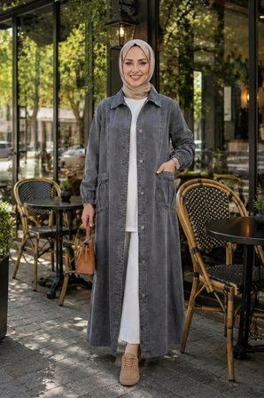 Kadın Düğmeli Cepli Gri Denim Kot Kap