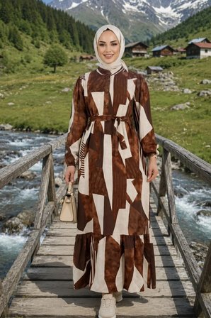 Kadın Kuşaklı Viskon Kumaş Tesettür Kahverengi Elbise