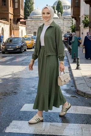 Kadın Fermuarlı Çilek Kumaş Haki Ceket Etek İkili Takım